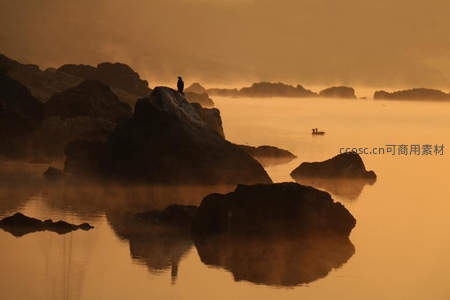 晨雾弥漫，孤鸟栖岩静观水面浮光