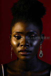 红幕前黑肤美人，光影交错尽显高贵气质