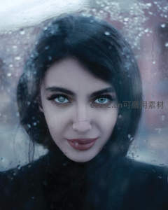 雨滴玻璃后凝视的深邃蓝眸