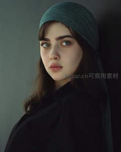 戴绿头巾少女侧脸光影柔和