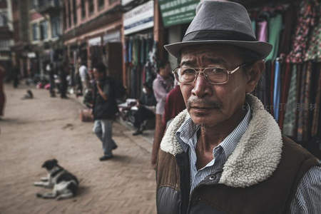 街市中戴礼帽的老人目光深邃