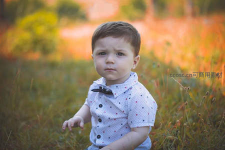 小男孩穿波点衬衫坐草地，夕阳余晖洒满田野
