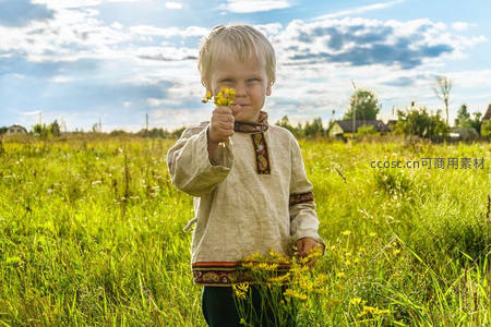 金发孩童持花田野，阳光洒满绿茵