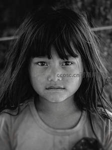 黑白影像女孩凝视镜头，长发凌乱眼神深邃