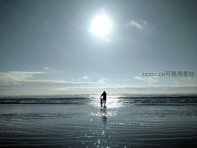 父子海边踏浪迎着耀眼阳光