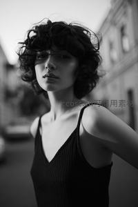 黑白街拍短卷发女子，冷峻眼神展个性魅力