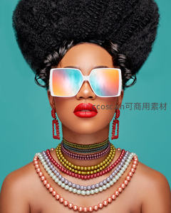 彩色墨镜与珍珠项链的时尚黑人女性