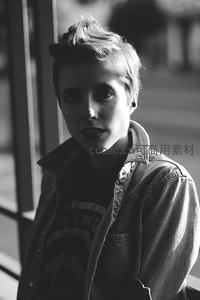 短发青年窗边沉思黑白照