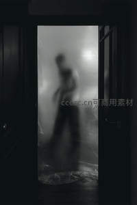 门后模糊人影的悬疑黑白影像