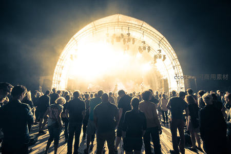 音乐节现场观众背影沐浴在舞台耀眼光芒中