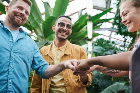 温室中三人击掌微笑展现友谊