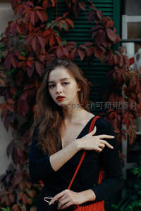 红叶墙前的温柔女子肖像