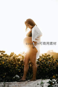 夕阳剪影孕妈侧立，绿植环绕静享孕期时光