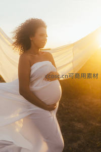 夕阳下裹白纱的孕妈