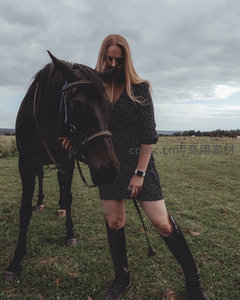 草原上女子与黑马温柔相伴