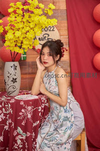 红韵花影中的古典美人