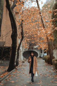 秋日街巷中撑伞漫步的优雅身影