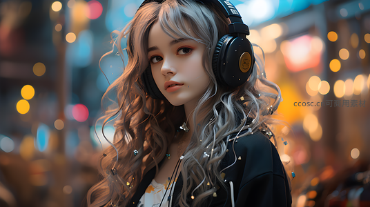 都市夜色中的耳机少女