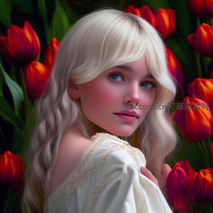 花海中的金发少女回眸凝望