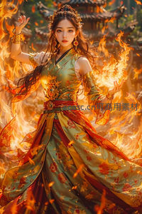 火焰中的古风仙子，衣袂飘飘舞动烈焰