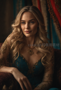 金发贵妇端坐华堂，蓝金礼服尽显雍容华贵