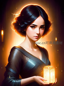 黑发女子手捧暖光灯笼静谧伫立