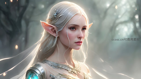 银发精灵少女于晨雾森林中凝望远方