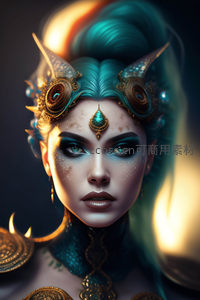 蓝发魔幻女战士头戴角饰威严凝视