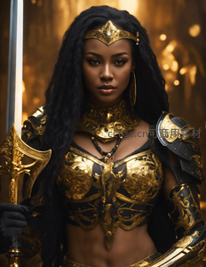 黄金铠甲女战士持剑威严