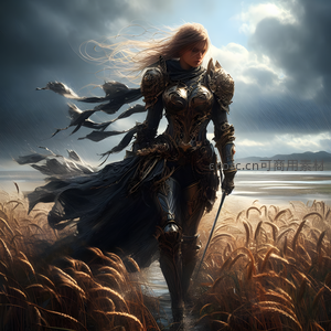 风雨麦田中的银甲女骑士