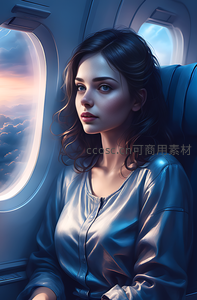 飞机窗边沉思的优雅女子