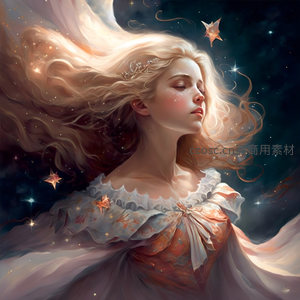 星尘中的梦幻少女，长发如瀑，衣袂飘飘