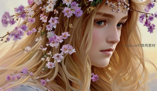 花环少女侧颜特写，樱花点缀温柔时光