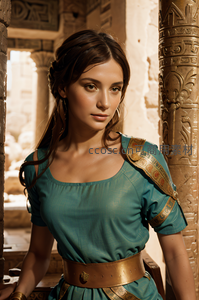 古希腊女神庙宇石柱旁的典雅身影