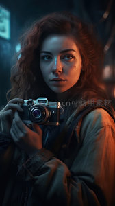 夜色中持复古相机的忧郁女摄影师