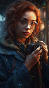 戴眼镜女摄影师街头抓拍瞬间