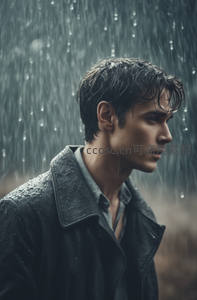 雨中男子侧脸沉思特写