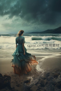 蓝裙女子海边风暴前的静默