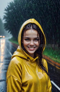 雨中微笑的黄色连帽衫女孩