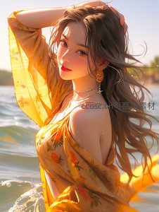 金色海边的优雅女子