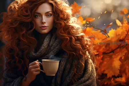 红发女子秋日暖阳中捧热饮