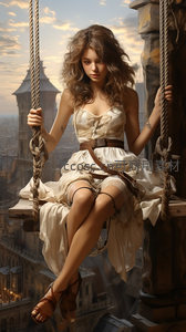 棕发少女高塔秋千瞰古城