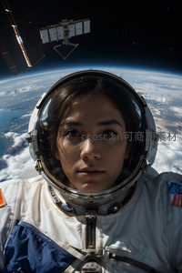 女宇航员凝视地球太空自拍