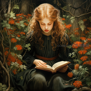 卷发少女森林中静读魔法书