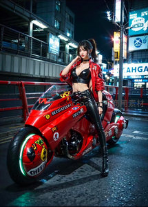 霓虹夜色中的机车女郎