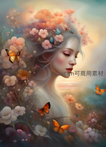 花蝶环绕的梦幻少女侧颜如画