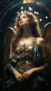 神圣天使仰望光雨，羽翼轻展