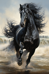 黑骏马踏浪奔腾，鬃毛飞扬