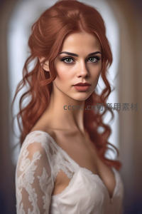 红发女子凝视镜头，蕾丝轻柔