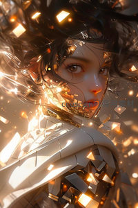 金色粒子环绕的机械少女